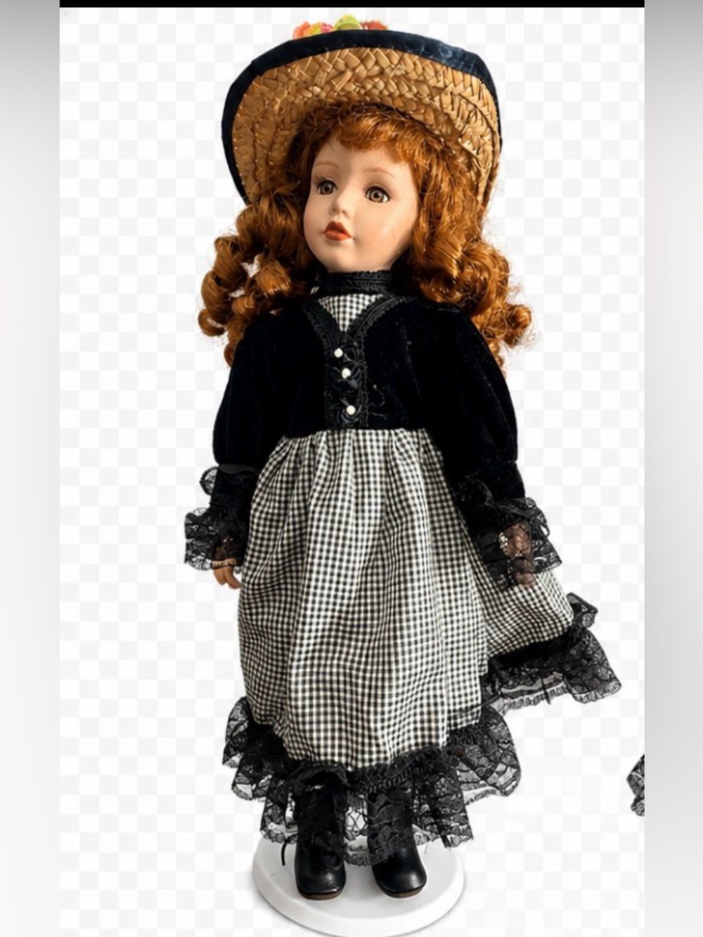 Victorian-Style Girls Black & White Gingham Costume Dress with Straw Hat